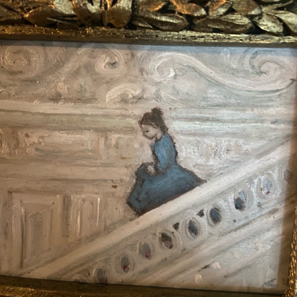 SOLD//Framed Painting of Woman on Stairs